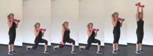 lunge back curl and press